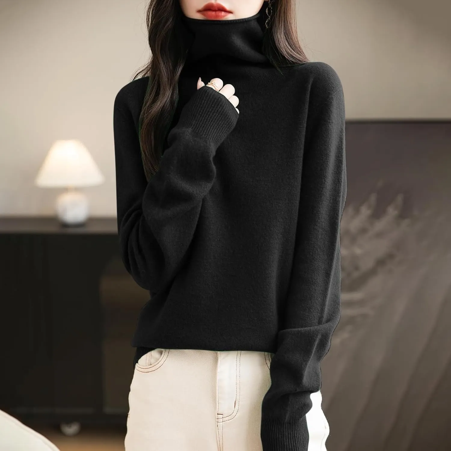 Women's Turtleneck 100% Pure Cashmere Sweater Long Sleeve Crewneck Pullover Warm Lightweight Y2k Sweaters for Women