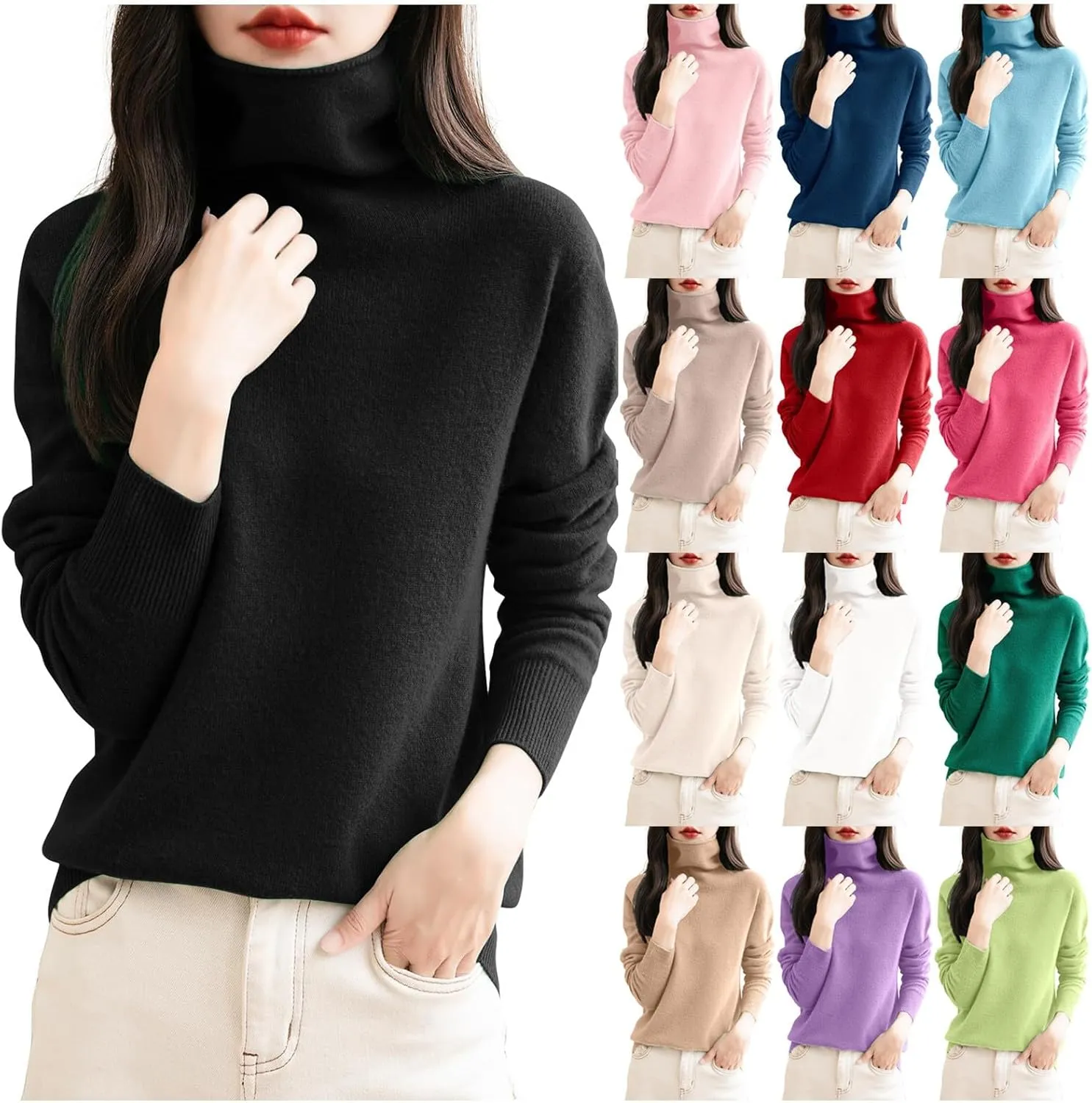 Women's Turtleneck 100% Pure Cashmere Sweater Long Sleeve Crewneck Pullover Warm Lightweight Y2k Sweaters for Women