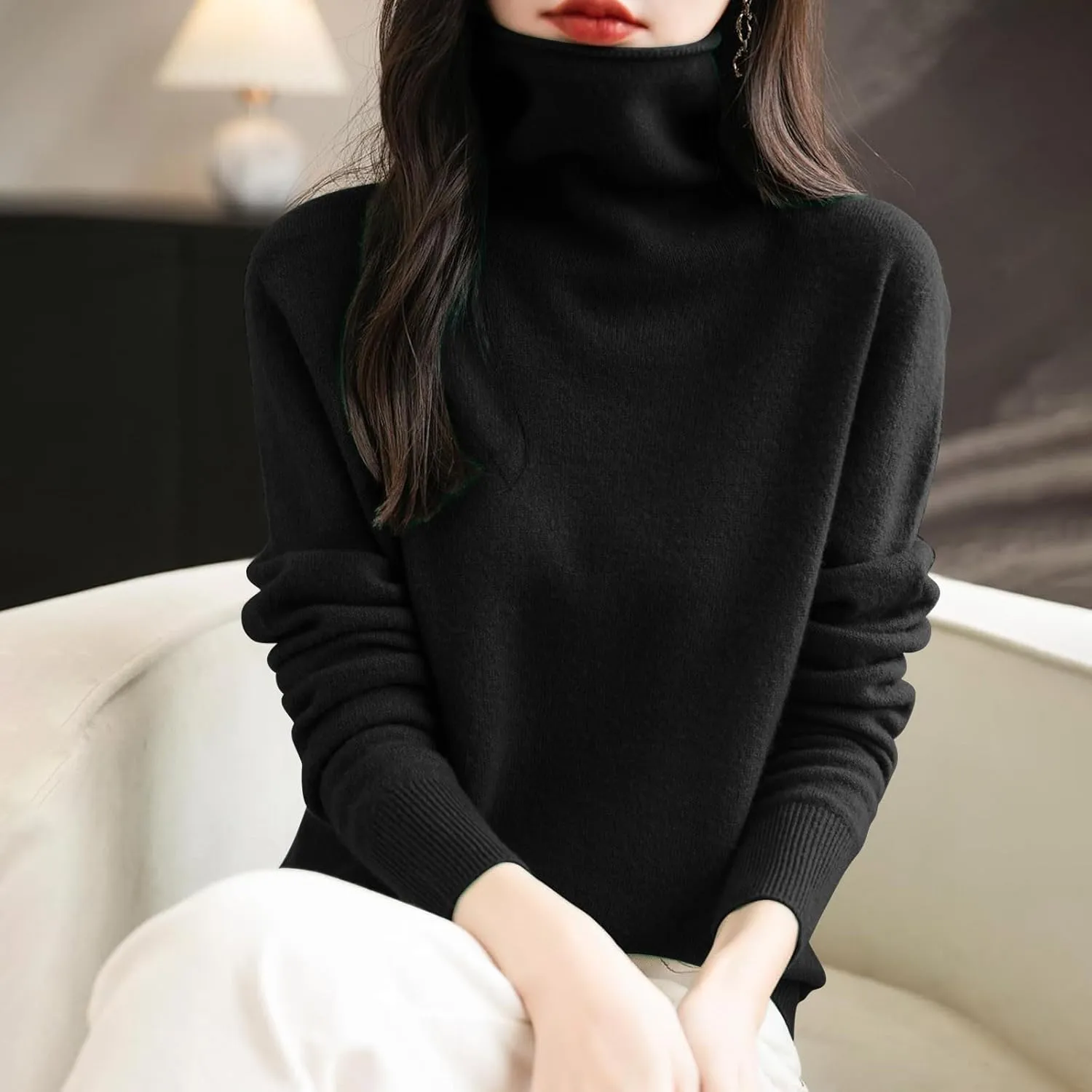 Women's Turtleneck 100% Pure Cashmere Sweater Long Sleeve Crewneck Pullover Warm Lightweight Y2k Sweaters for Women
