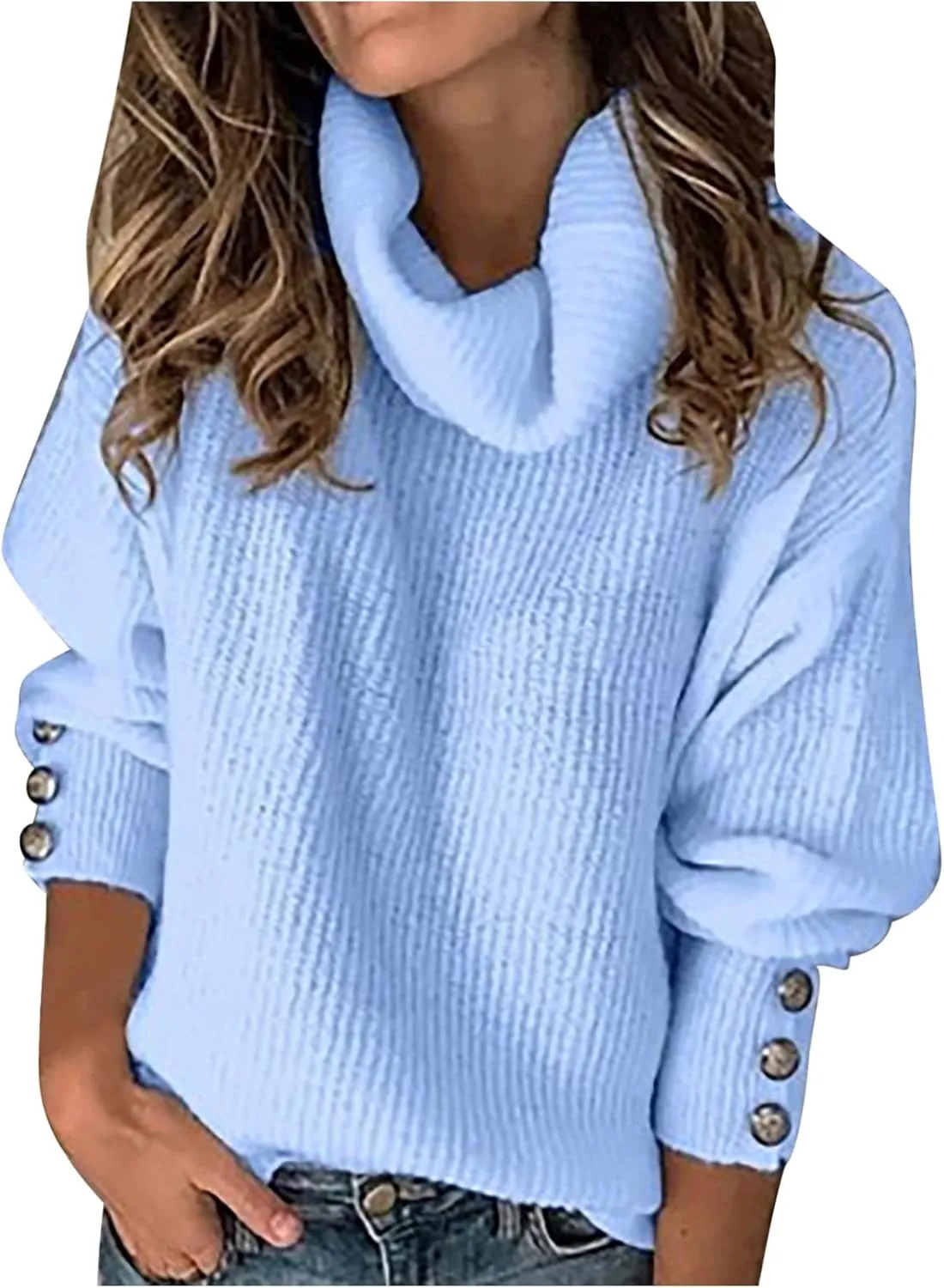 Women's Turtleneck Oversized Fashion Sweater Casual Long Sleeve Pullover Winter Clothes Loose Button Warm Sweaters Top