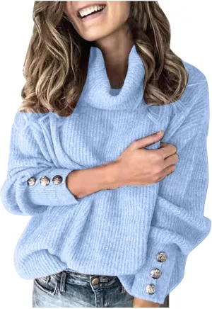 Women's Turtleneck Oversized Fashion Sweater Casual Long Sleeve Pullover Winter Clothes Loose Button Warm Sweaters Top