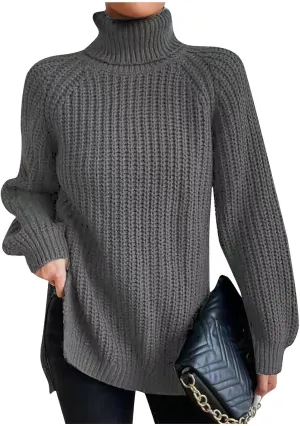 Womens Turtleneck Sweater Cable Knit Ribbed Chunky Long Sleeve Pullover Ribbed Sweaters Oversized Cute Sweaters