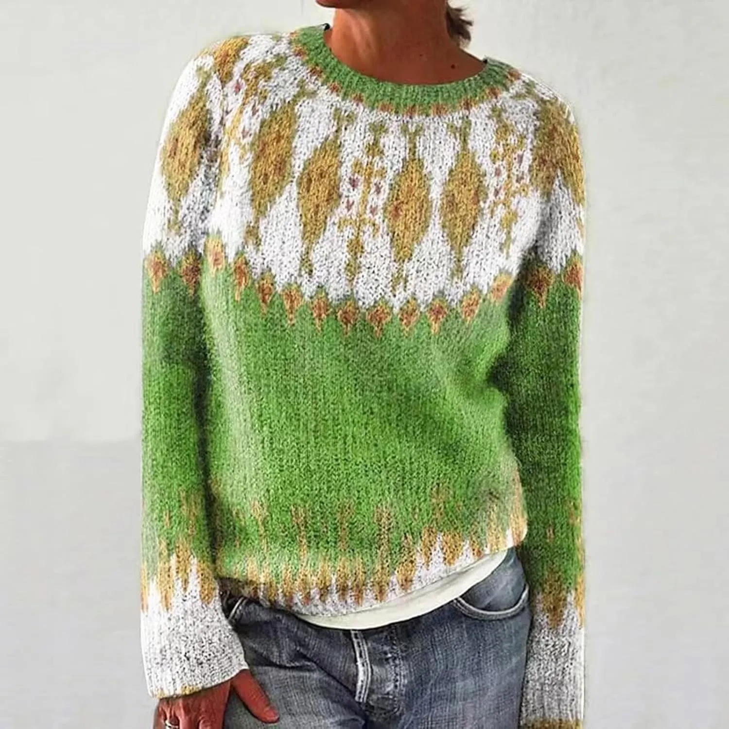 Womens Valentines Day Knitted Fair Isle Print Retro Sweater Long Sleeve Crewneck Sweater Fall Sweaters for Women 2024