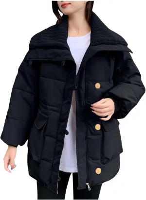 Womens Warm Down Jacket Lapel Lightweight Zipper Long Sleeve Puffer Coat Winter Trendy Solid Outfits with Pockets