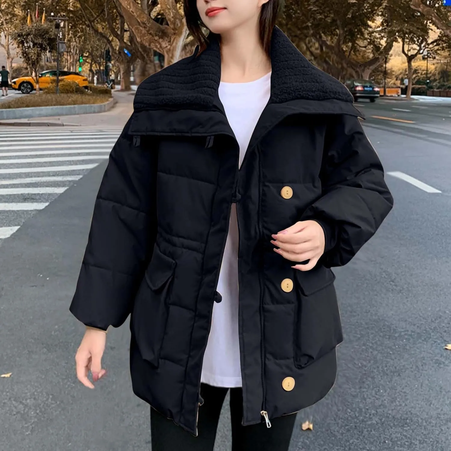 Womens Warm Down Jacket Lapel Lightweight Zipper Long Sleeve Puffer Coat Winter Trendy Solid Outfits with Pockets