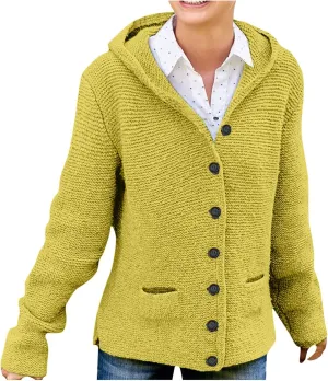 Women's Winter Button Down Soft Hoodies Cardigan Sweater Trendy Long Sleeve Solid Knitted Outwear Coat with Pocket