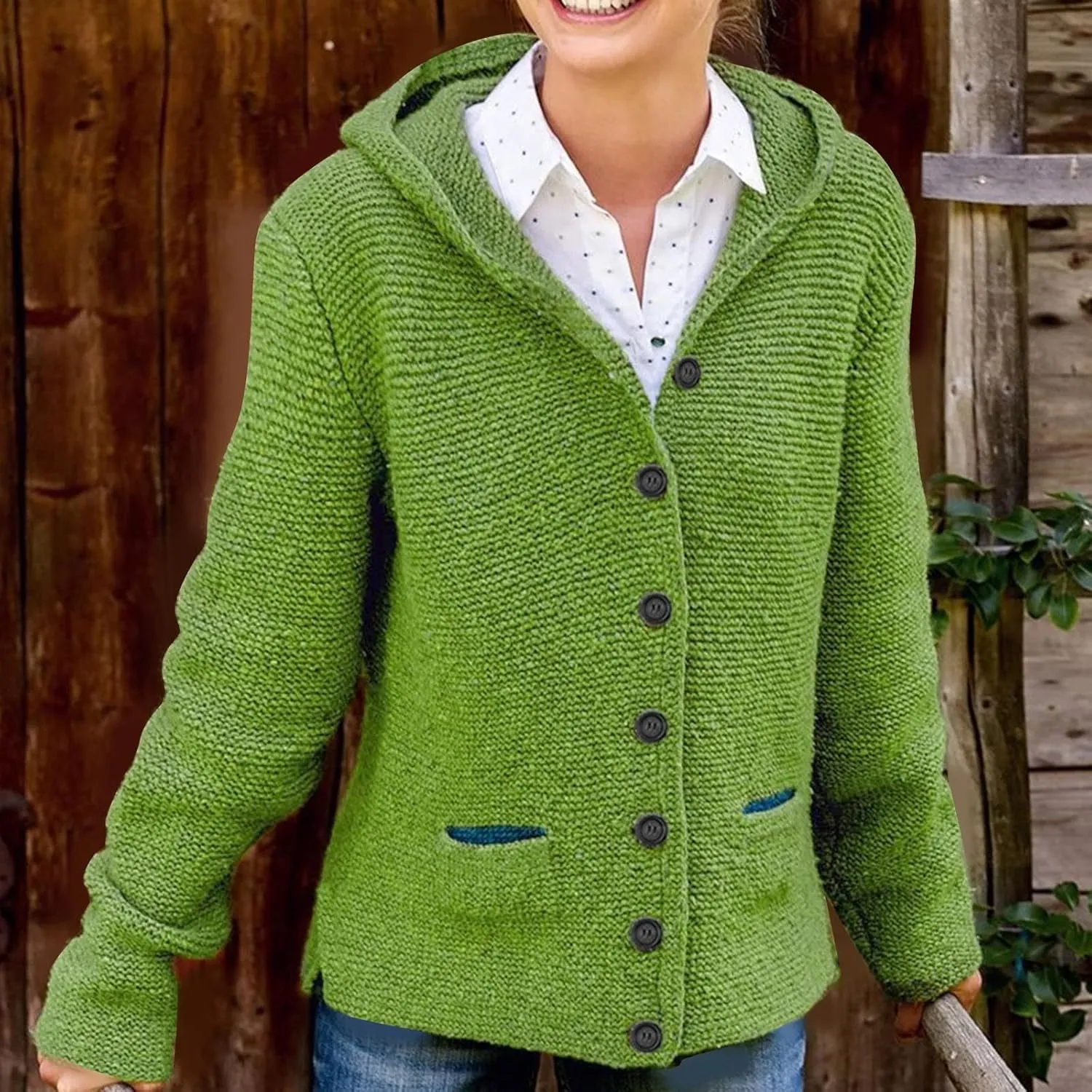 Women's Winter Button Down Soft Hoodies Cardigan Sweater Trendy Long Sleeve Solid Knitted Outwear Coat with Pocket
