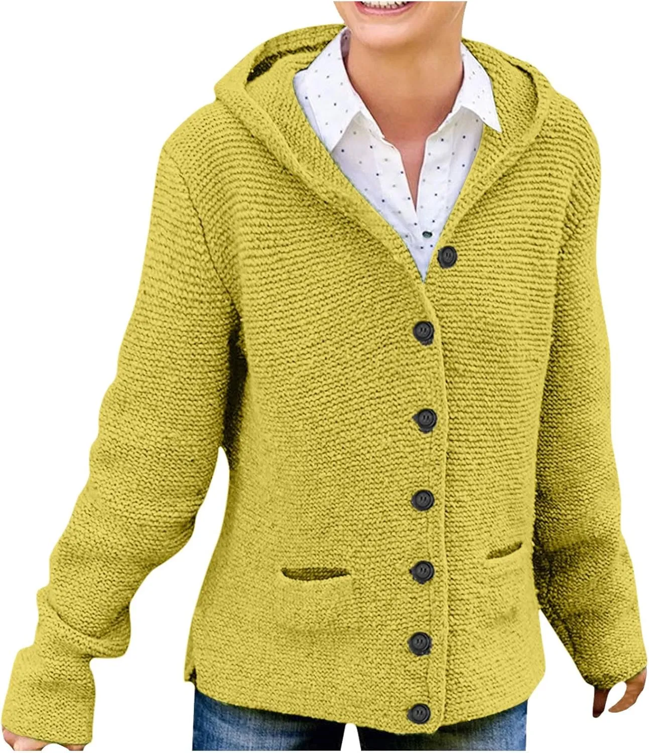 Women's Winter Button Down Soft Hoodies Cardigan Sweater Trendy Long Sleeve Solid Knitted Outwear Coat with Pocket