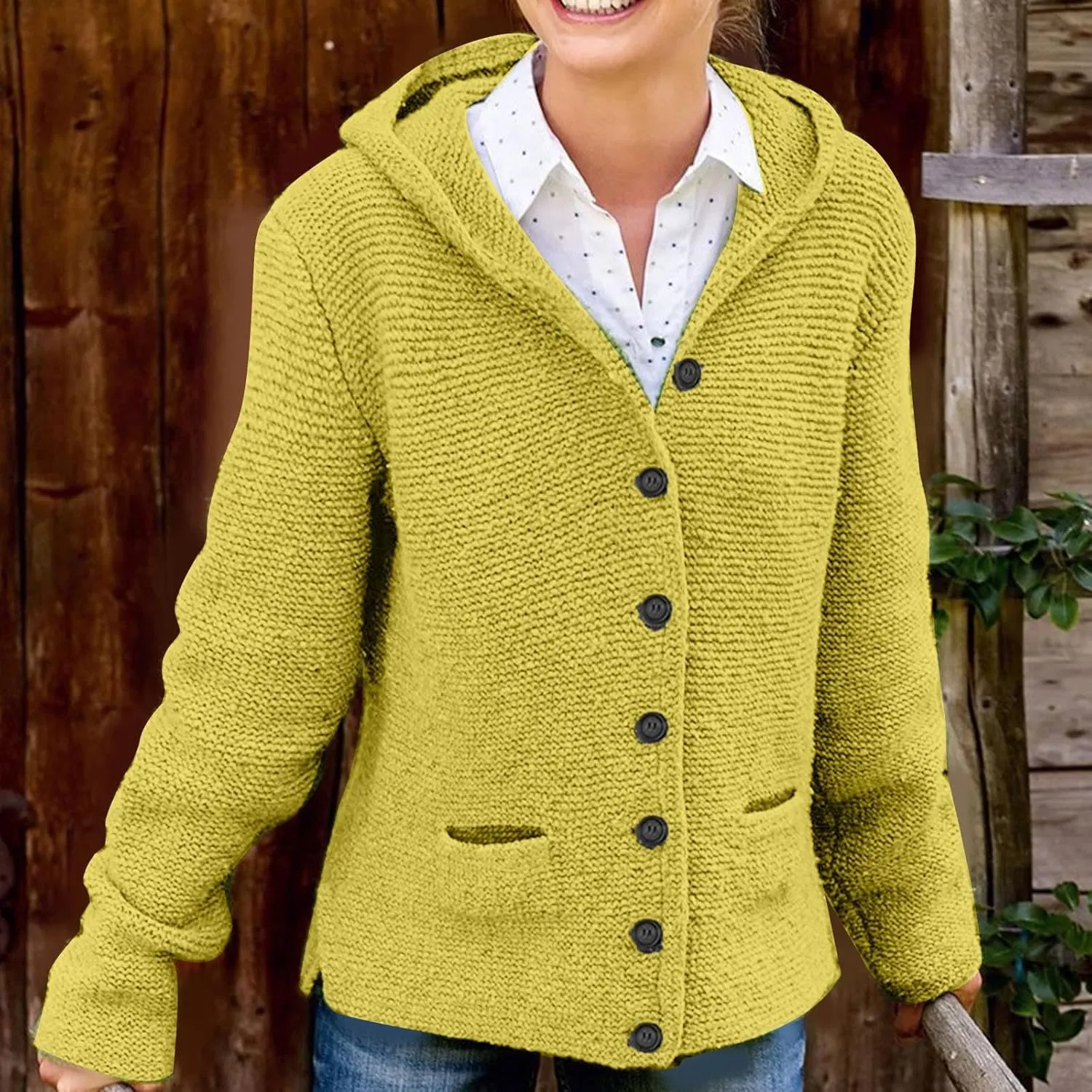Women's Winter Button Down Soft Hoodies Cardigan Sweater Trendy Long Sleeve Solid Knitted Outwear Coat with Pocket