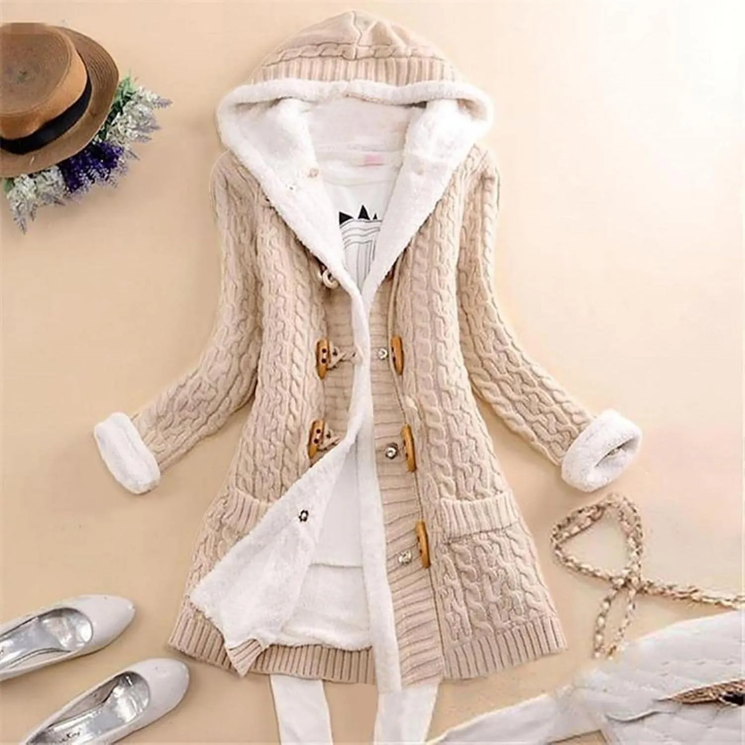 Womens Winter Fleece Liner Hooded Cardigans Button Up Cable Knit Sweater Coat Solid Classic Outerwear with Pockets