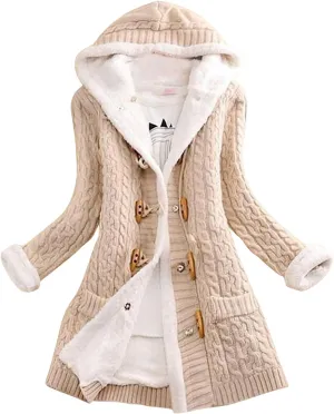 Womens Winter Fleece Liner Hooded Cardigans Button Up Cable Knit Sweater Coat Solid Classic Outerwear with Pockets