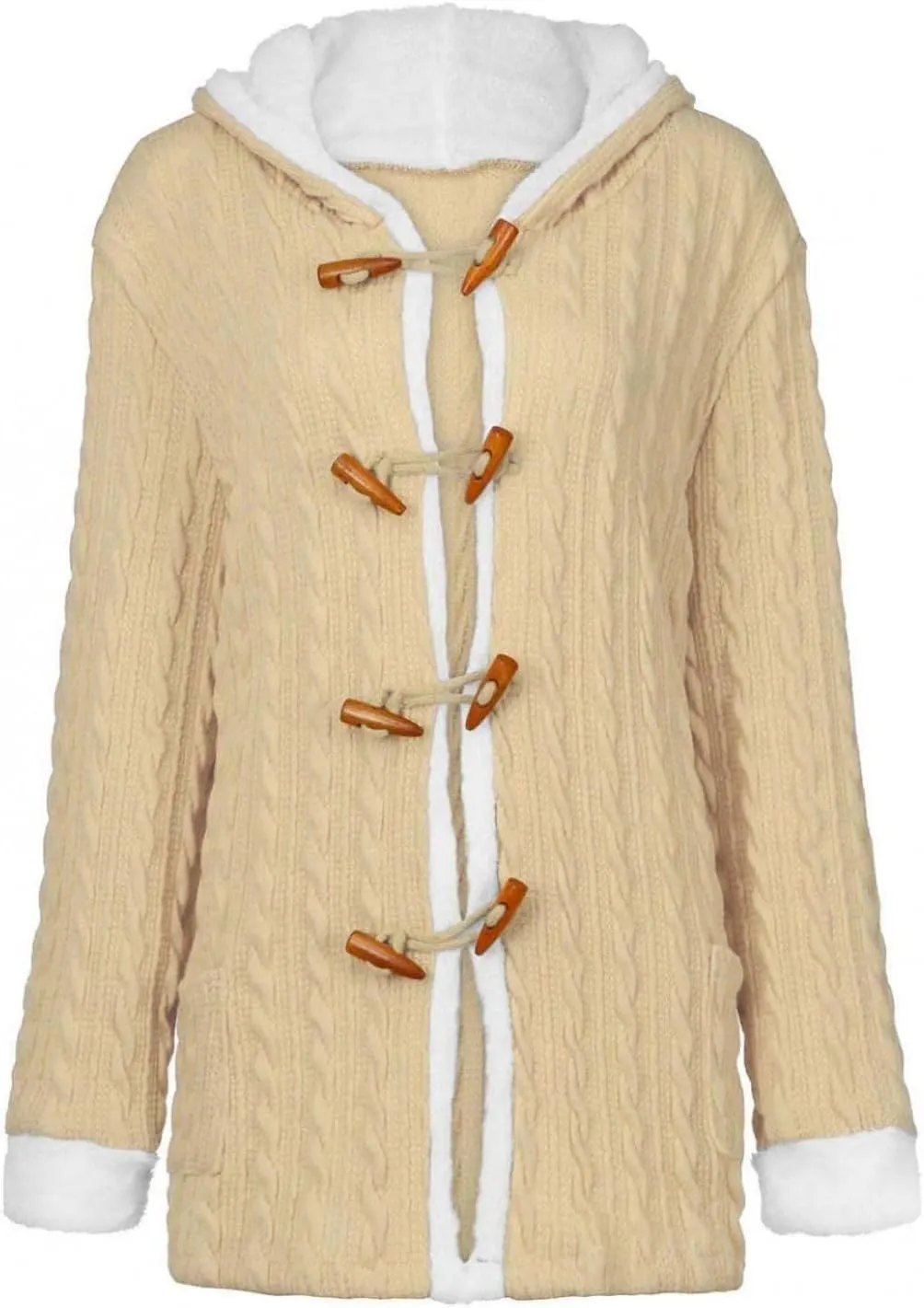 Womens Winter Fleece Liner Hooded Cardigans Button Up Cable Knit Sweater Coat Solid Classic Outerwear with Pockets