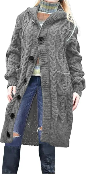 Women's Winter Open Front Chunky Knit Hoodies Sweater Long Sleeve Button Down Cardigan Casual Outwear with Pockets