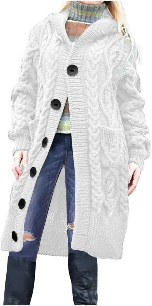 Women's Winter Open Front Chunky Knit Hoodies Sweater Long Sleeve Button Down Cardigan Casual Outwear with Pockets