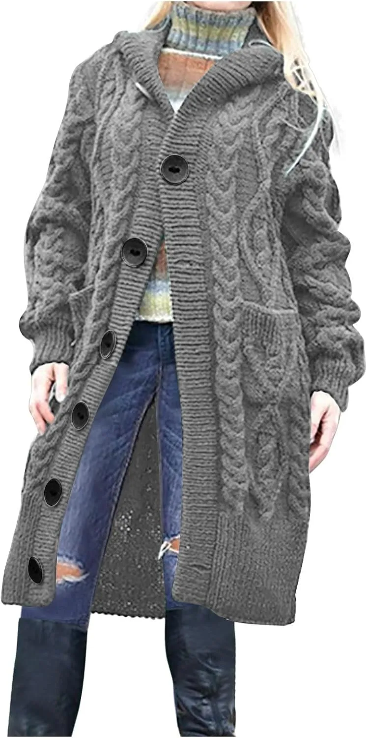 Women's Winter Open Front Chunky Knit Hoodies Sweater Long Sleeve Button Down Cardigan Casual Outwear with Pockets