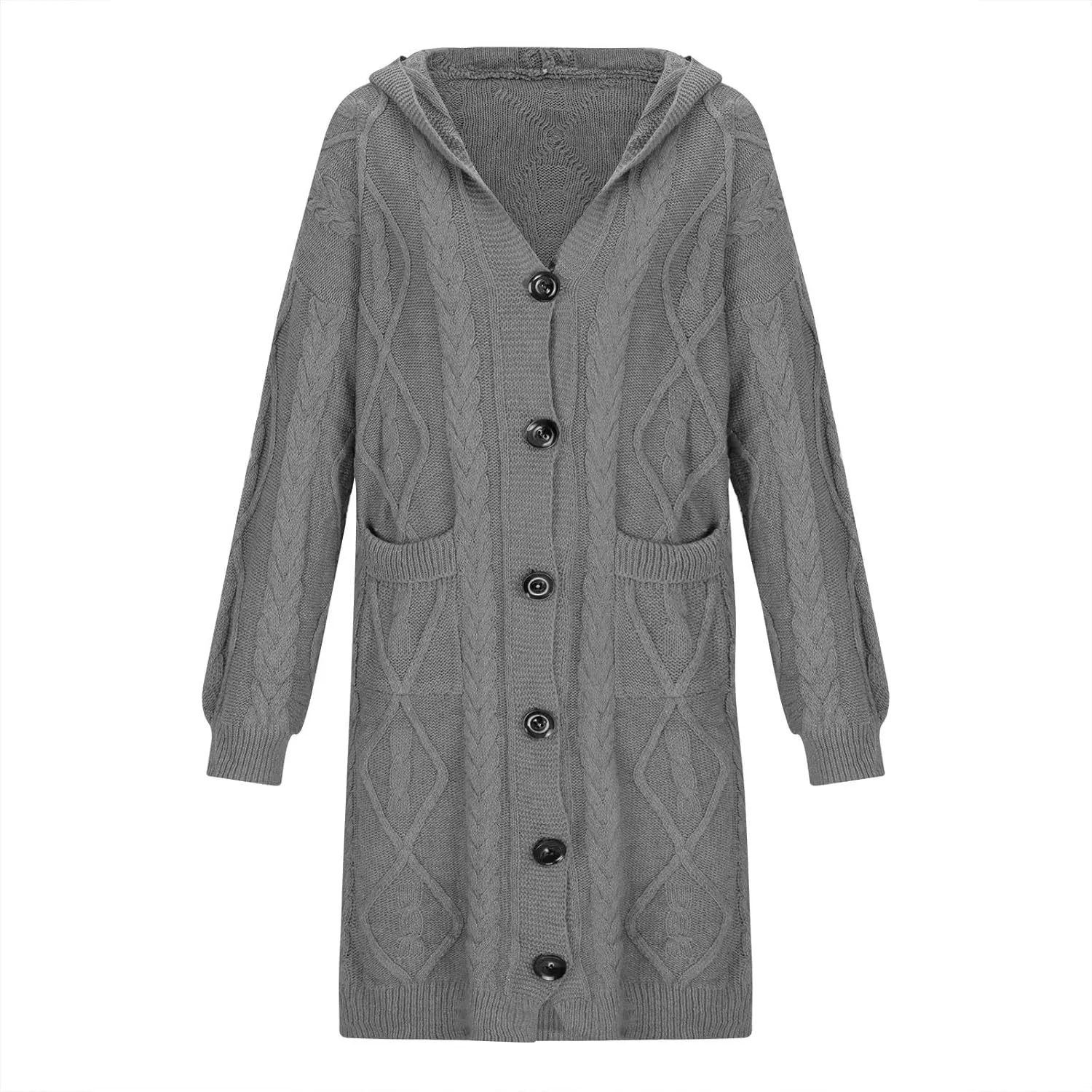 Women's Winter Open Front Chunky Knit Hoodies Sweater Long Sleeve Button Down Cardigan Casual Outwear with Pockets