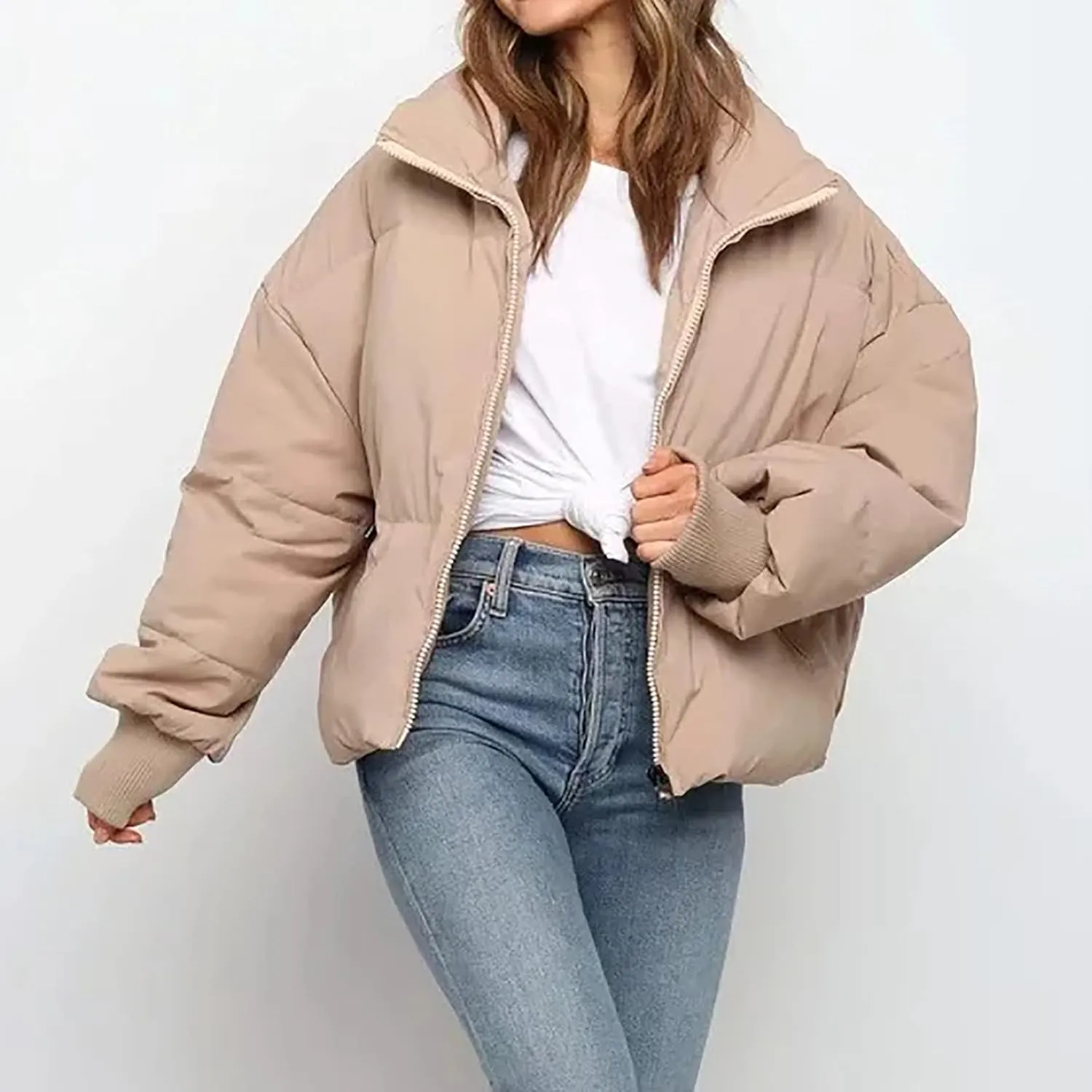 Women's Winter Short Puffer Down Jacket Coat Ladies Fashion Solid Long Sleeve Full Zipper Baggy Padded Outerwear