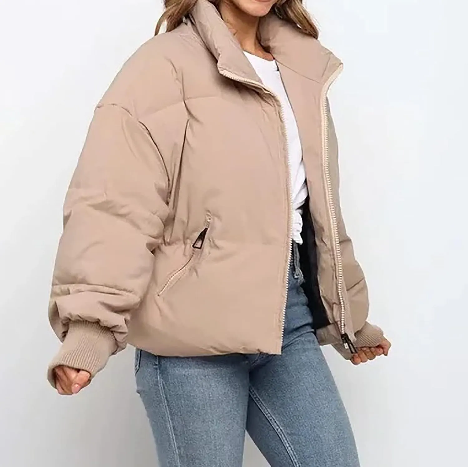 Women's Winter Short Puffer Down Jacket Coat Ladies Fashion Solid Long Sleeve Full Zipper Baggy Padded Outerwear