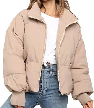 Women's Winter Short Puffer Down Jacket Coat Ladies Fashion Solid Long Sleeve Full Zipper Baggy Padded Outerwear