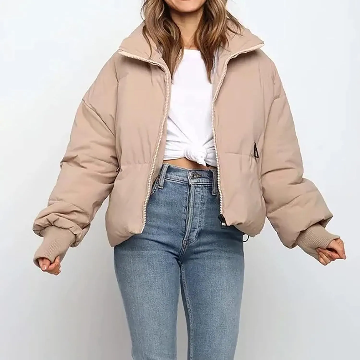 Women's Winter Short Puffer Down Jacket Coat Ladies Fashion Solid Long Sleeve Full Zipper Baggy Padded Outerwear