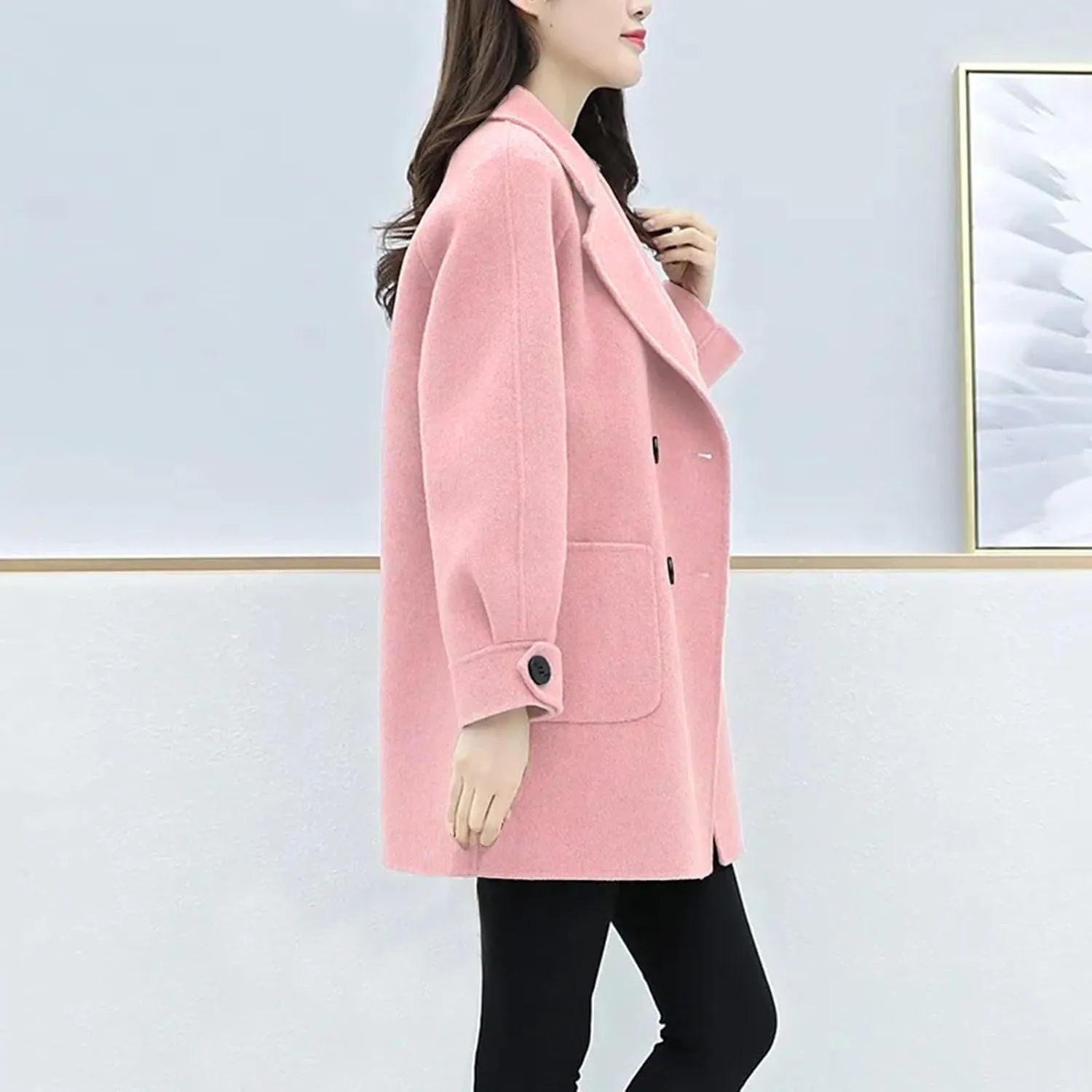 Womens Winter Trench Coat Wool Blend Mid-Long Pea Coats Double-Breasted Notch Lapel Collared Jacket Outwear