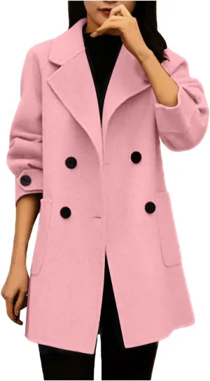 Womens Winter Trench Coat Wool Blend Mid-Long Pea Coats Double-Breasted Notch Lapel Collared Jacket Outwear