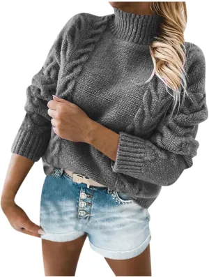 Women's Winter Warm Long Sleeve Turtleneck Oversized Sweater Trendy Casual Solid Color Loose Cable Knit Pullover Tops
