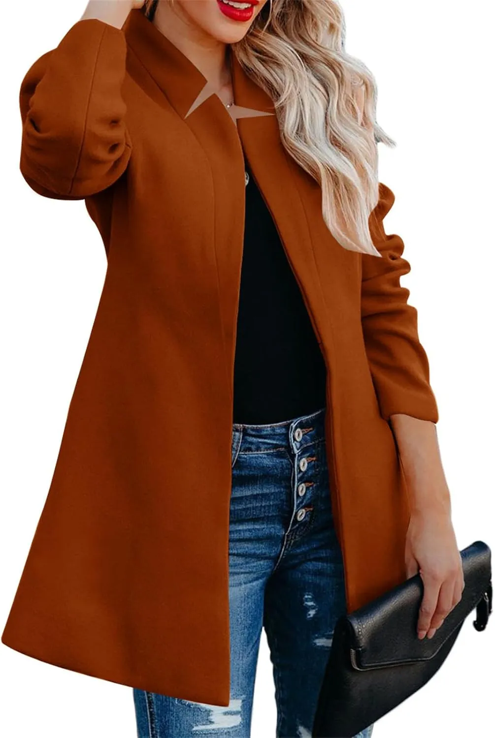 Womens Wool Blend Coat Business Casual Lapel Button Down Mid Long Pea Coat Winter Open Front Cardigans Outwear