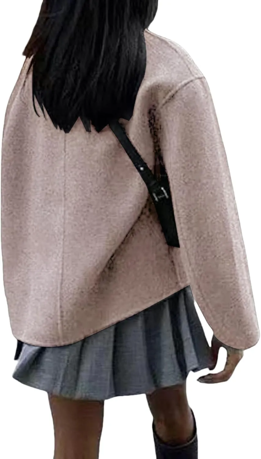 Womens Wool Blend Coat Casual Short Double Breasted Coats Oversized Stand Collar Jackets Winter Pea Coat