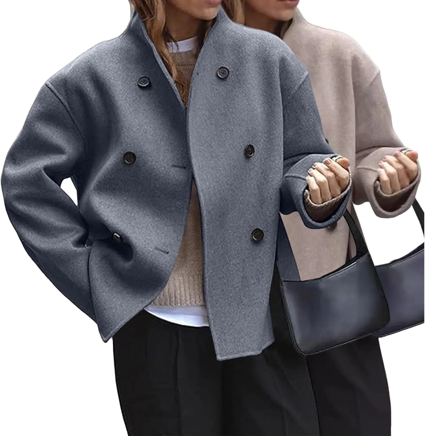 Womens Wool Blend Coat Casual Short Double Breasted Coats Oversized Stand Collar Jackets Winter Pea Coat