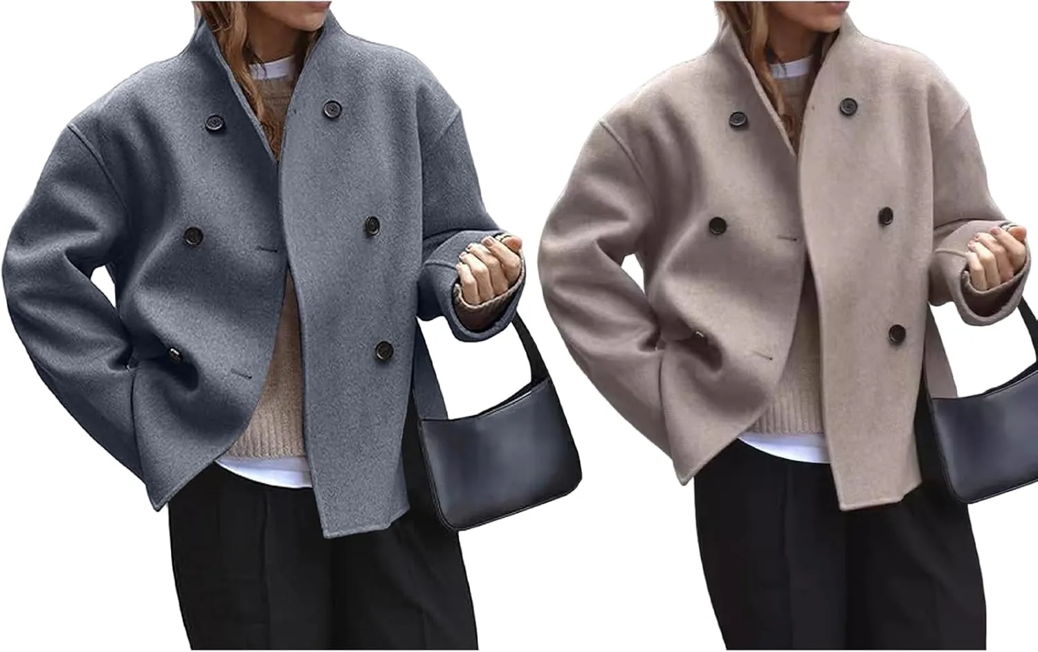Womens Wool Blend Coat Casual Short Double Breasted Coats Oversized Stand Collar Jackets Winter Pea Coat