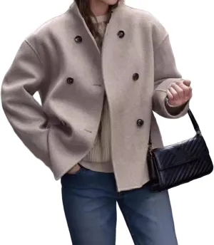 Womens Wool Blend Coat Casual Short Double Breasted Coats Oversized Stand Collar Jackets Winter Pea Coat
