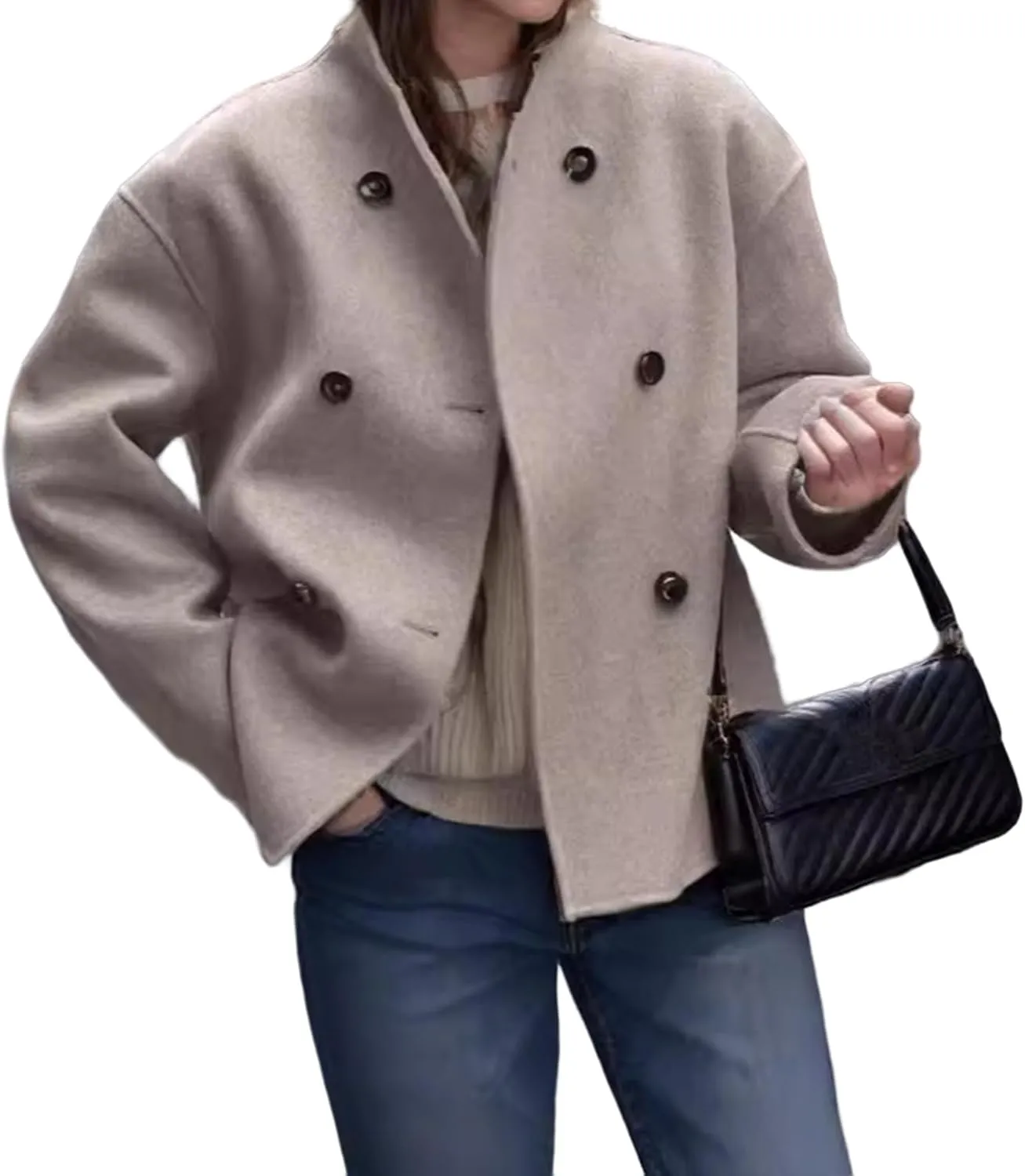 Womens Wool Blend Coat Casual Short Double Breasted Coats Oversized Stand Collar Jackets Winter Pea Coat