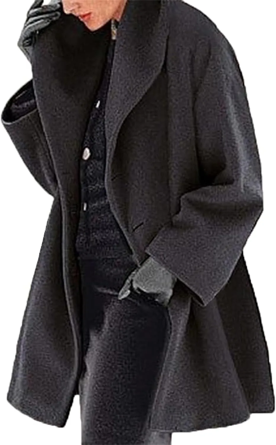 Womens Wool Blend Coat Oversized Notch Lapel Single Breasted Casual Mid Long Pea Trench Coat Overcoat Outerwear