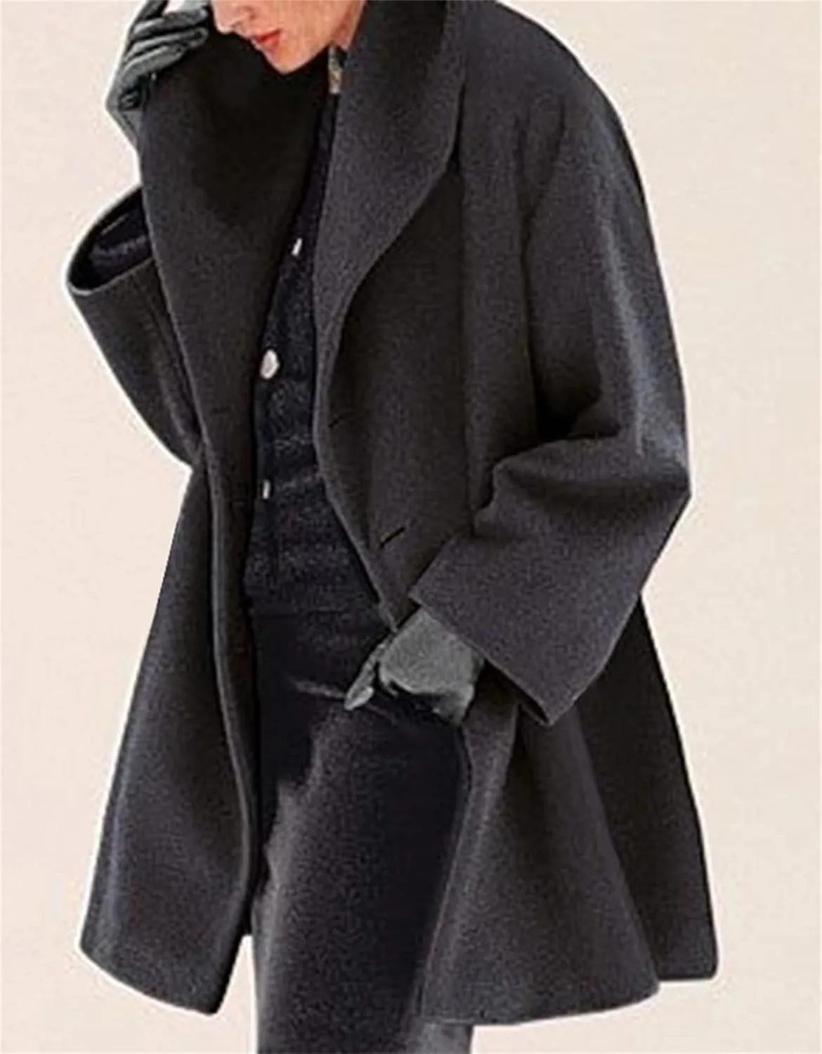 Womens Wool Blend Coat Oversized Notch Lapel Single Breasted Casual Mid Long Pea Trench Coat Overcoat Outerwear