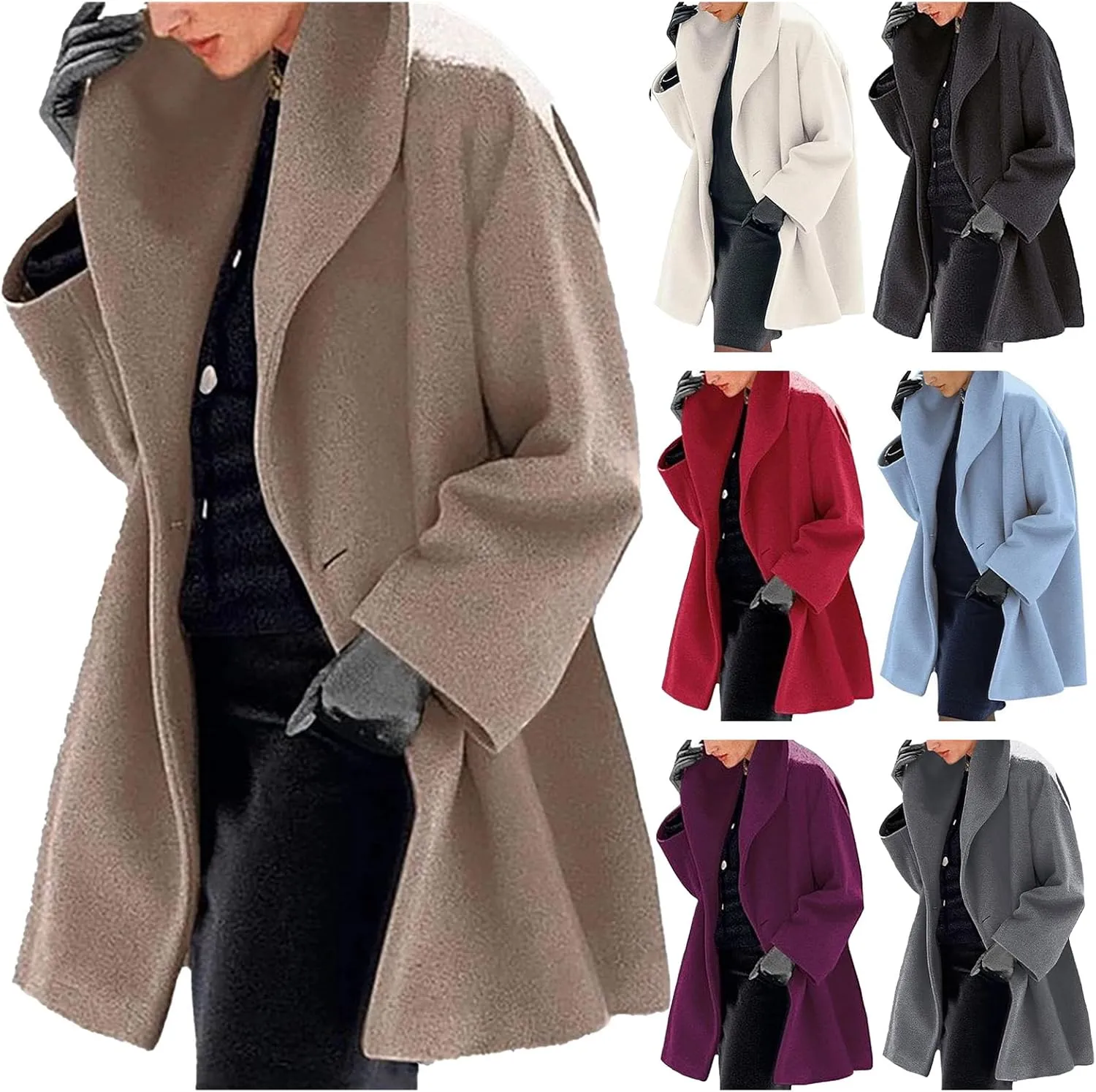 Womens Wool Blend Coat Oversized Notch Lapel Single Breasted Casual Mid Long Pea Trench Coat Overcoat Outerwear
