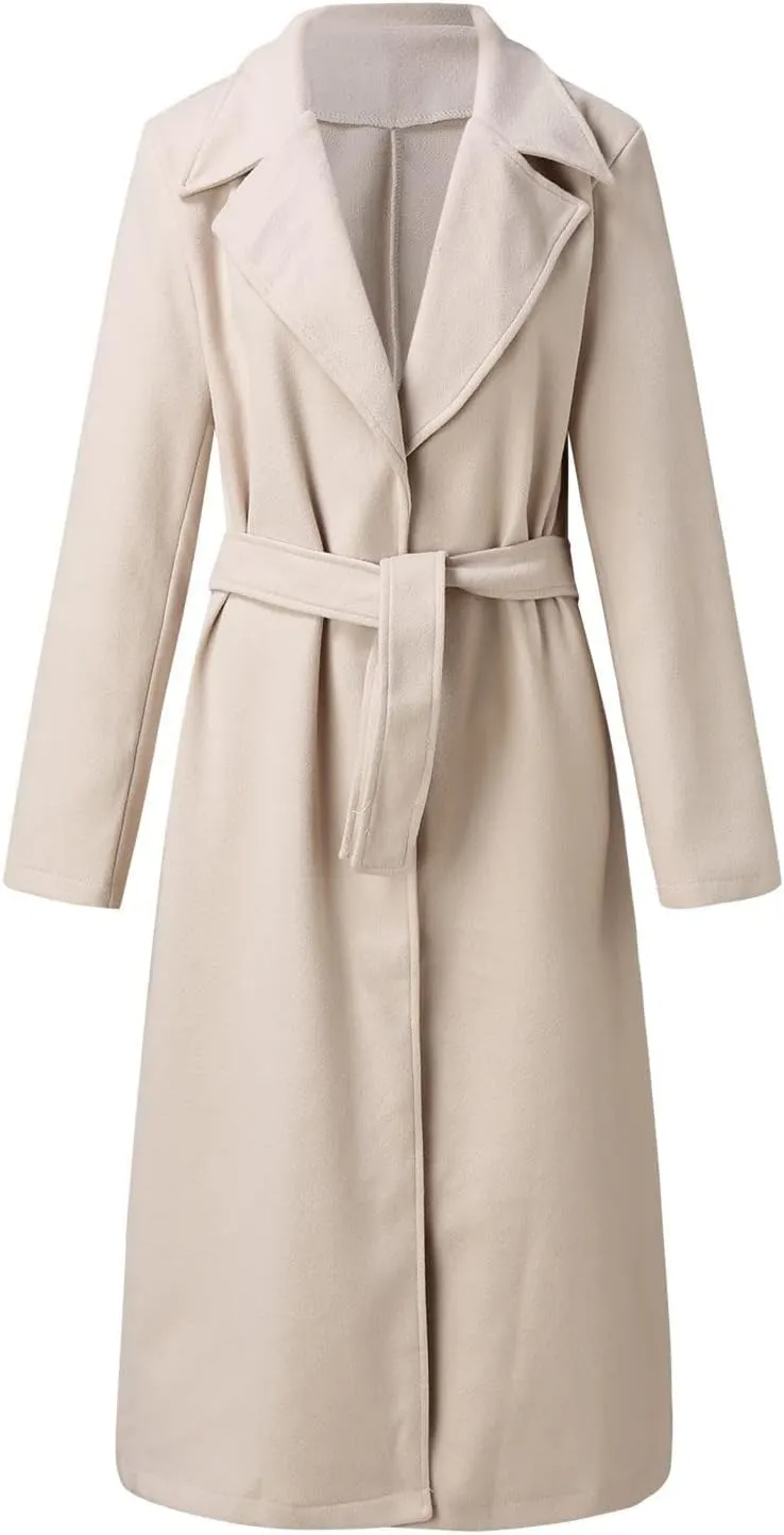 Women's Wool Blend Pea Coats Winter Casual Lapel Trench Coat Open Front Windproof Long Jackets for Women with Belt