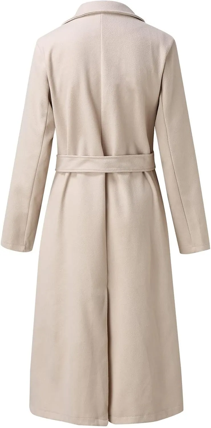 Women's Wool Blend Pea Coats Winter Casual Lapel Trench Coat Open Front Windproof Long Jackets for Women with Belt
