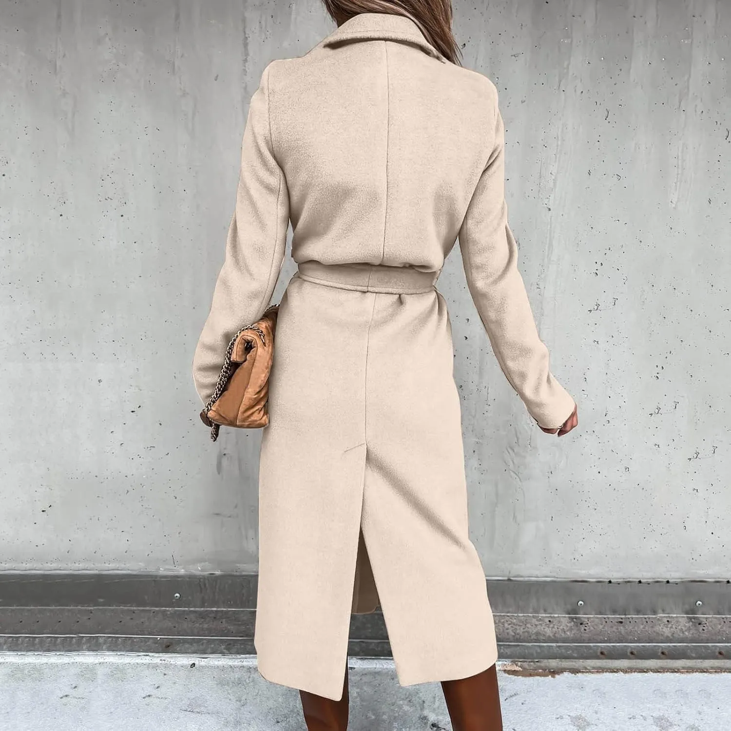 Women's Wool Blend Pea Coats Winter Casual Lapel Trench Coat Open Front Windproof Long Jackets for Women with Belt