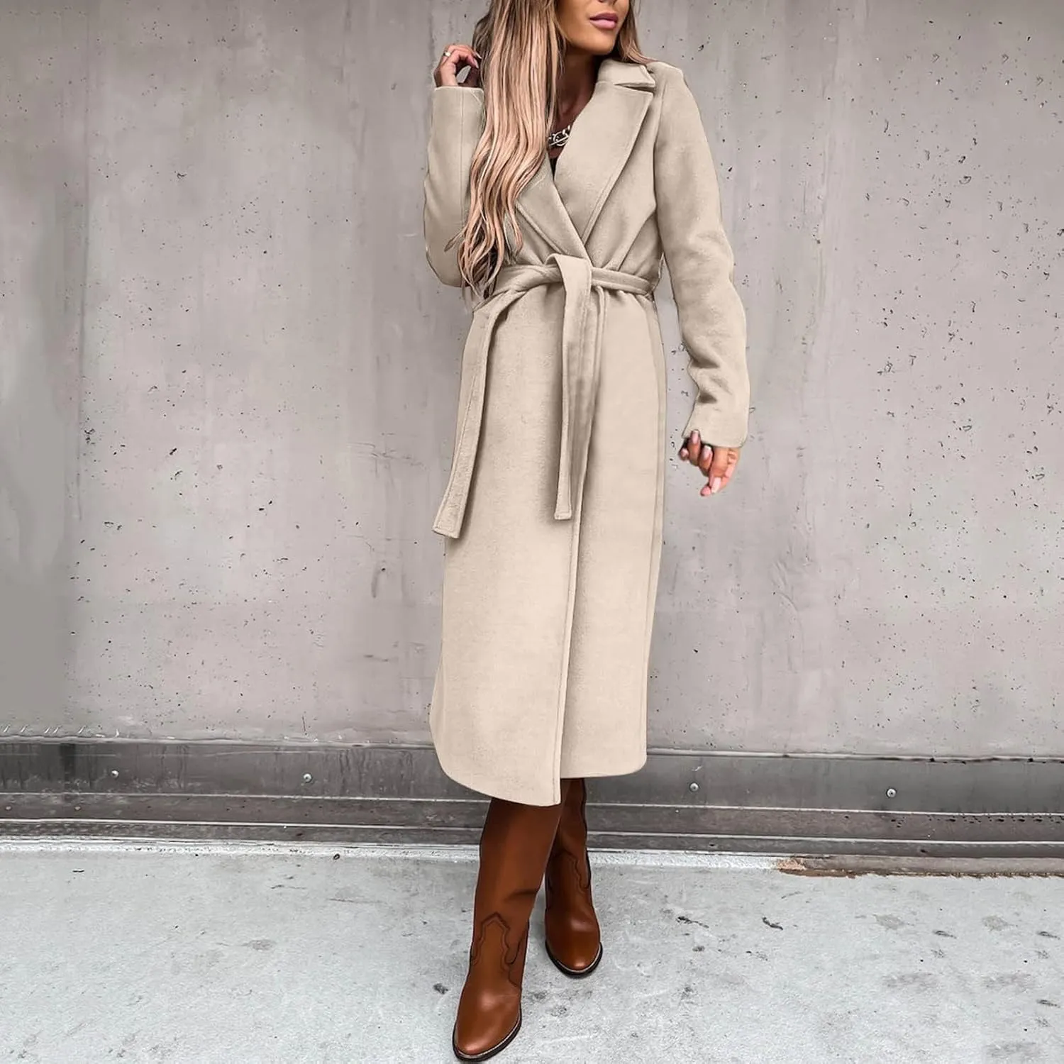 Women's Wool Blend Pea Coats Winter Casual Lapel Trench Coat Open Front Windproof Long Jackets for Women with Belt