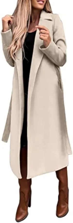 Women's Wool Blend Pea Coats Winter Casual Lapel Trench Coat Open Front Windproof Long Jackets for Women with Belt