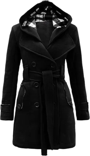 Women's Wool Blend Plaid Casual Pea Coat Double Breasted Warm Mid Long Pea Coat Winter Slim Pea Coat