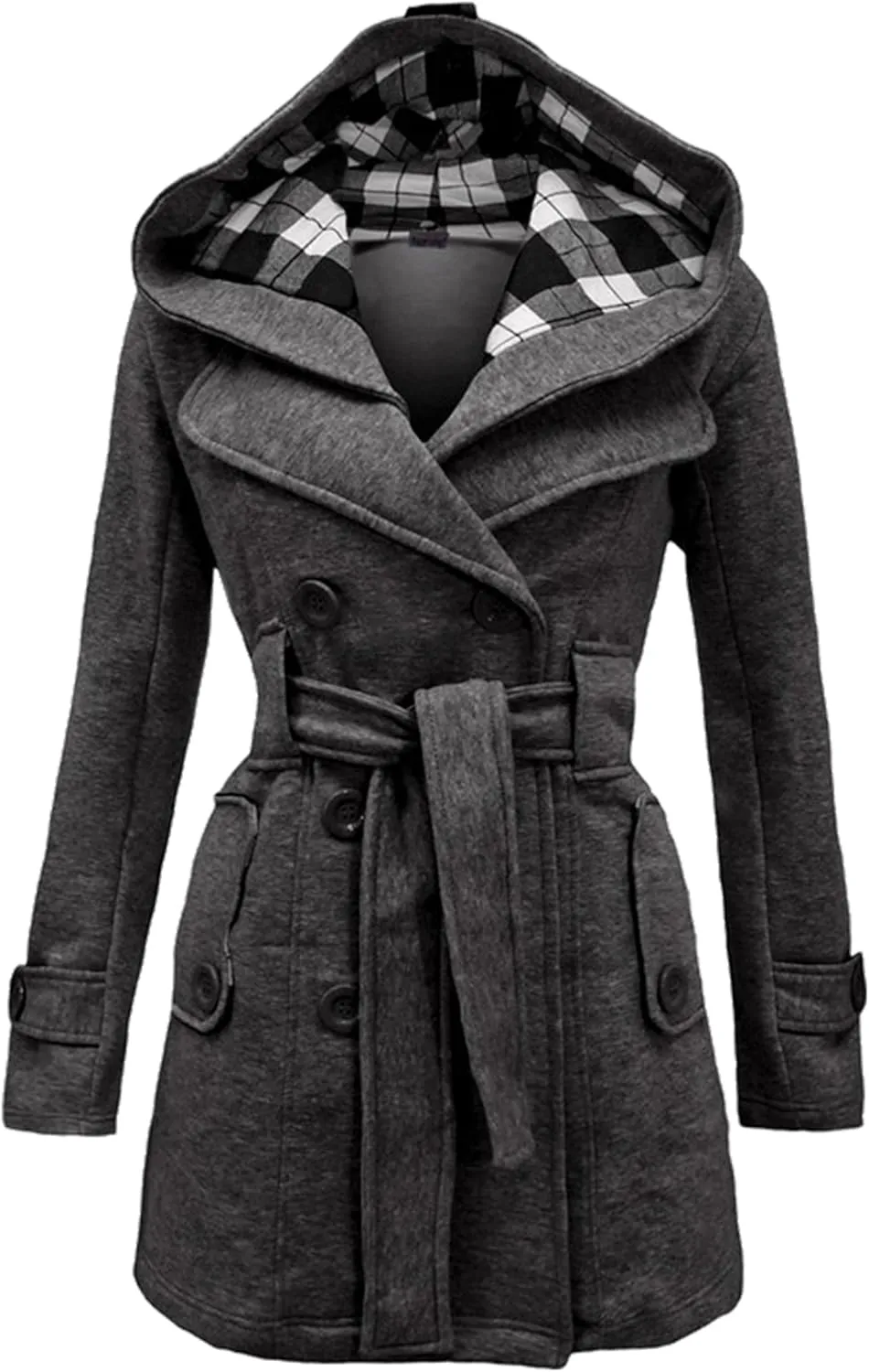 Women's Wool Blend Plaid Casual Pea Coat Double Breasted Warm Mid Long Pea Coat Winter Slim Pea Coat