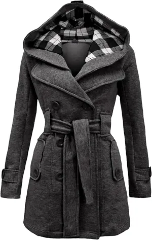 Women's Wool Blend Plaid Casual Pea Coat Double Breasted Warm Mid Long Pea Coat Winter Slim Pea Coat