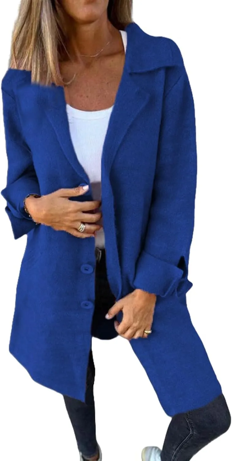 Womens Wool Blend Trench Coat Single Breasted Lapel Jacket Mid Length Solid Color Coat for Women