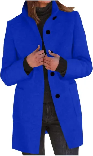Women's Wool Blend Trench Jacket Button Pea Coat Open Front Woolen Coats Female Solid Trendy Outerwear with Pocket