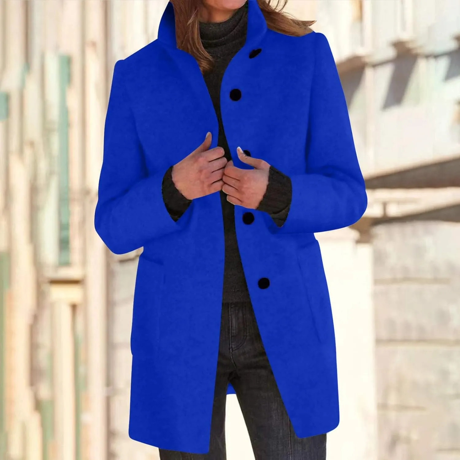 Women's Wool Blend Trench Jacket Button Pea Coat Open Front Woolen Coats Female Solid Trendy Outerwear with Pocket