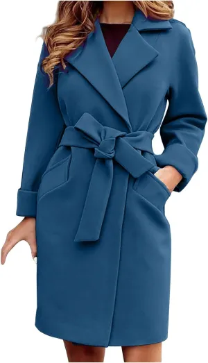 WomenS Wool Blend Winter Coats Double Breasted Notch Lapel Trench Coat Thicken Warm Overcoat Jackets with Belts