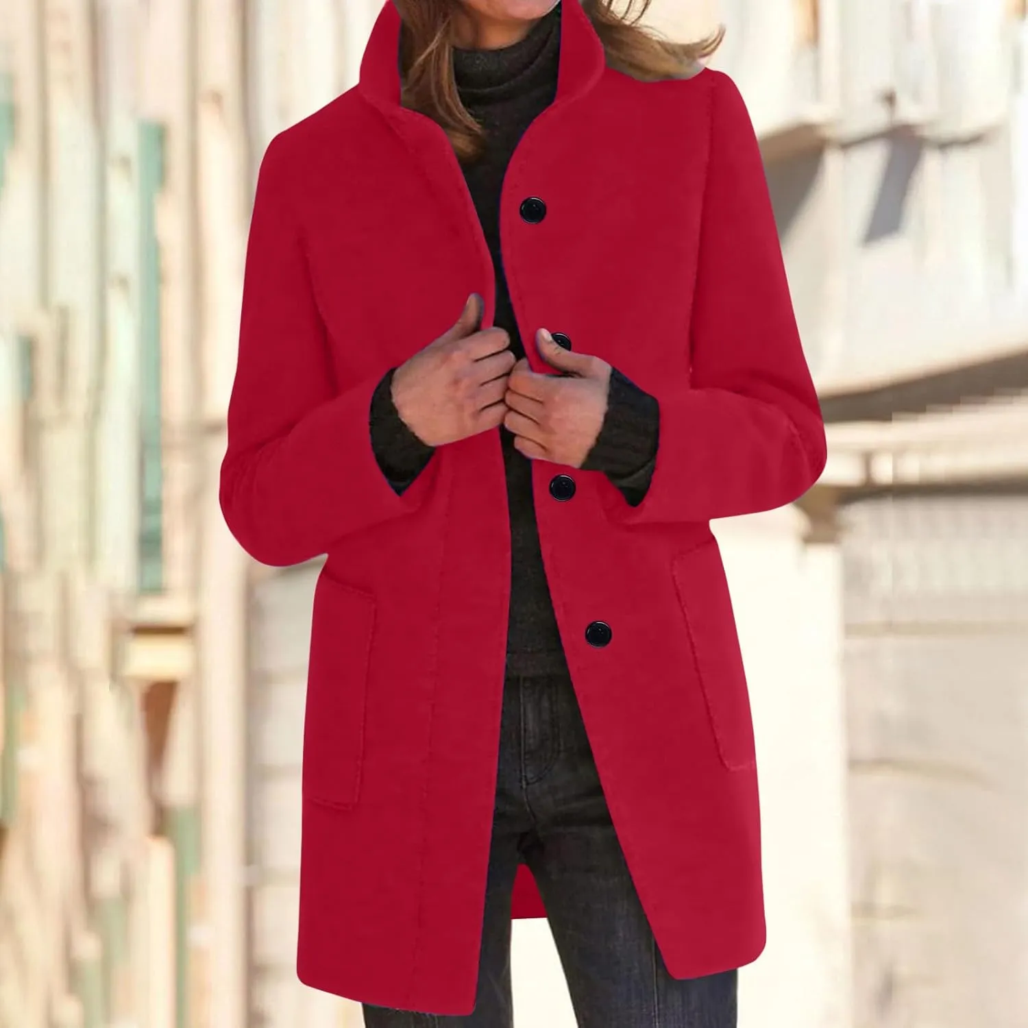 Womens Wool Blend Winter Coats Single Breasted Long Overcoats Stand Collar Slim Fit Jackets Trench Coat Outwear