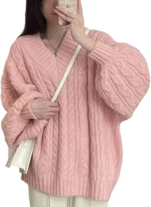 Women's Y2K Oversized Chunky Cable Knit Sweater Casual Long Sleeves V Neck Pullover Tops